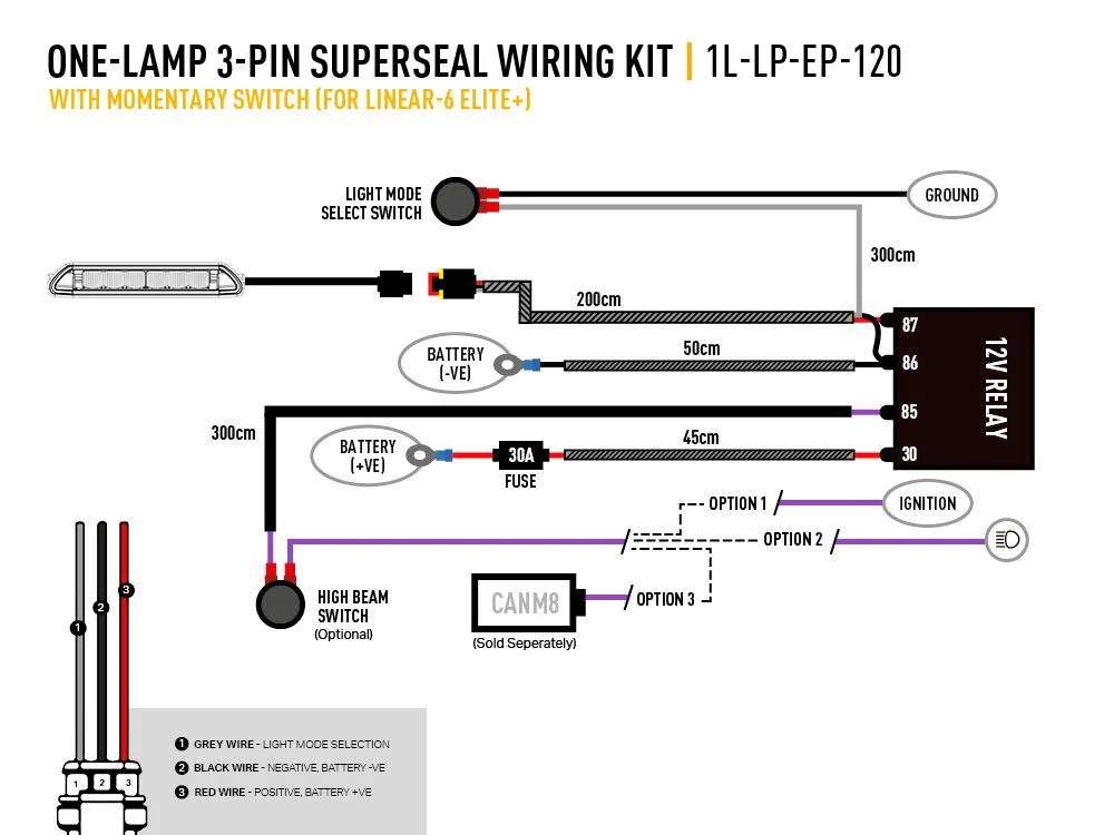 Single-Lamp Wiring Kit with Momentary Switch (3-Pin, Superseal, 12V) - Image 2